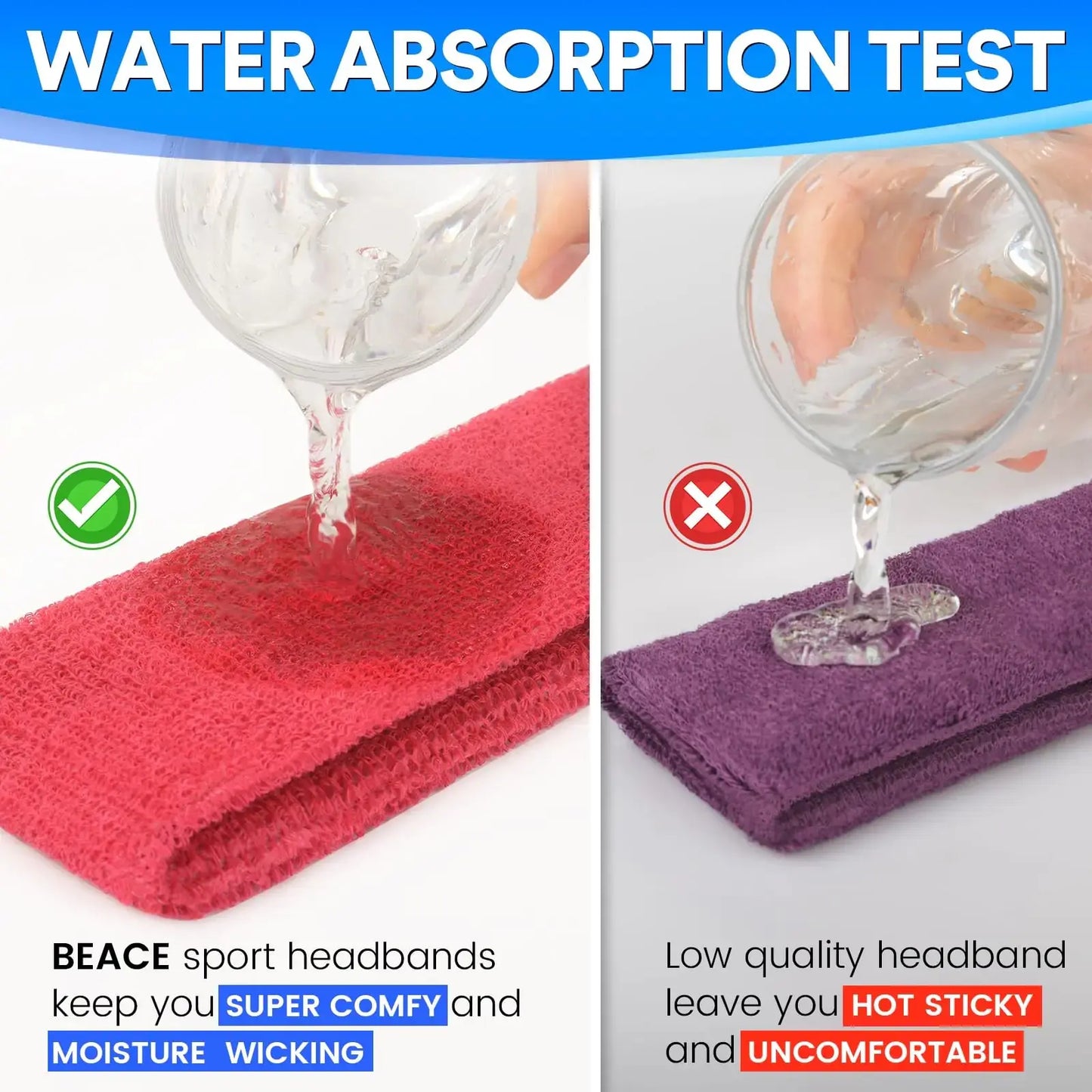 BEACE Sweatbands Sports Headband for Men & Women - Moisture Wicking Athletic Cotton Terry Cloth Sweatband