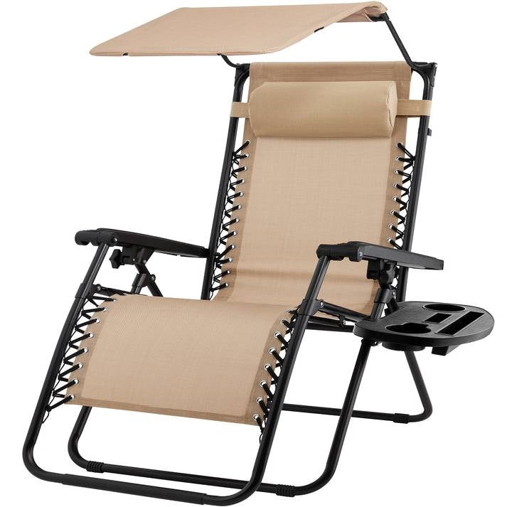 Tumbona reclinable plegable beige de gravedad cero para patio con toldo parasol