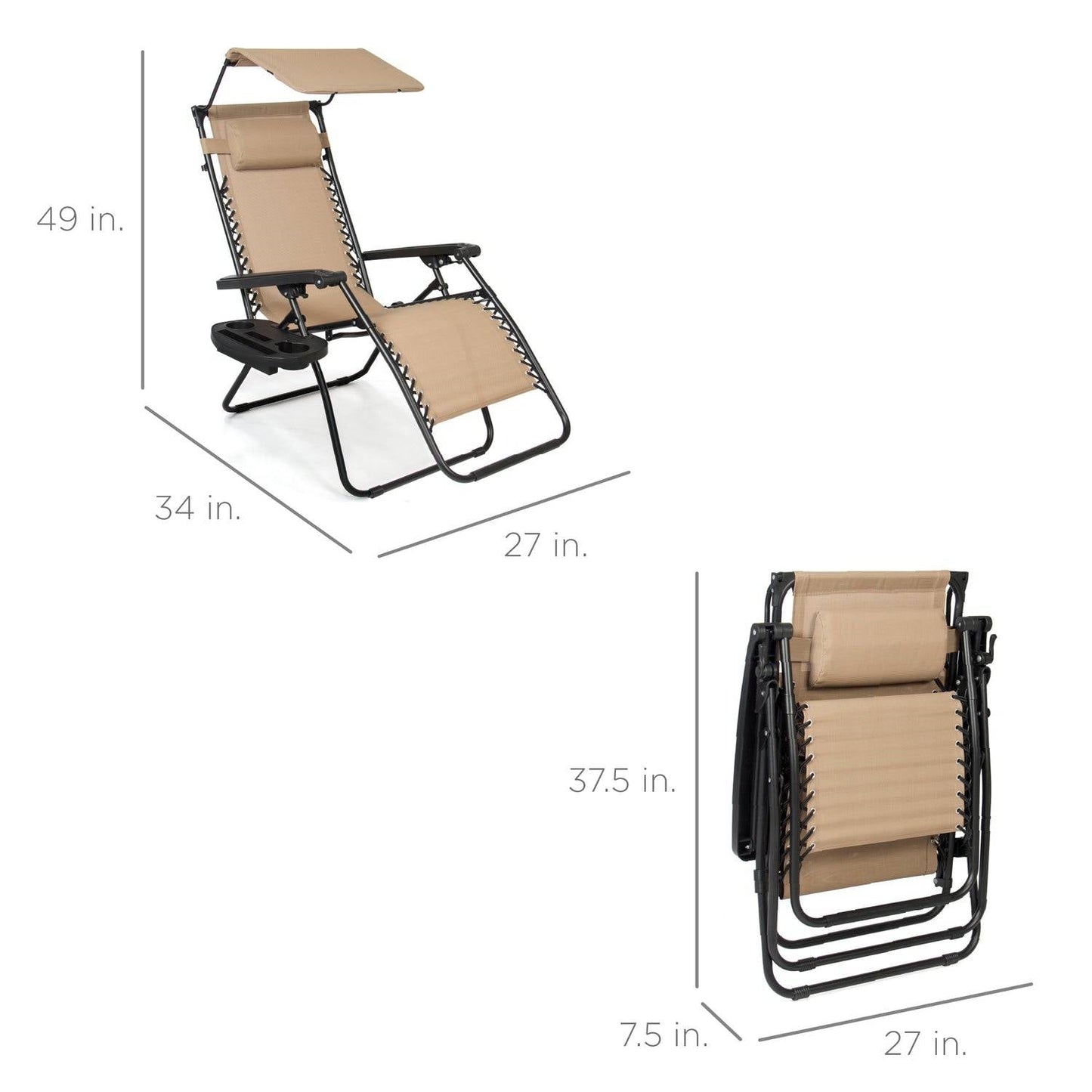 Tumbona reclinable plegable beige de gravedad cero para patio con toldo parasol