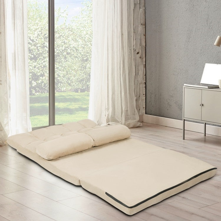 Sofá Cama Plegable Minimalista de Piel de Ante Sintético con 5 Posiciones y Funda de Tela Desmontable en Beige