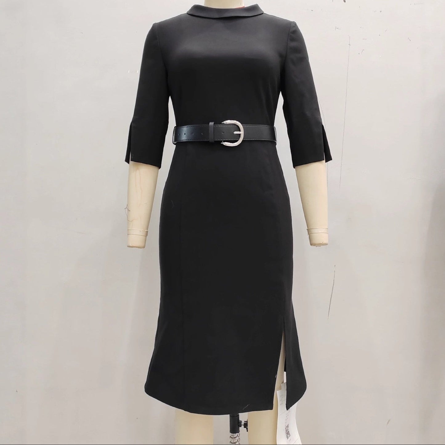 Women's Round Neck Three-Quarter Sleeve Waist-Cinched Midi Dress – Black