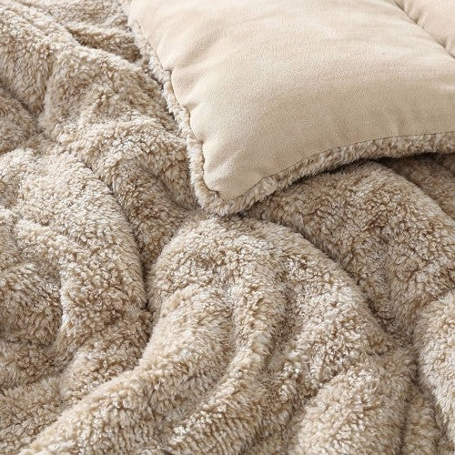 Juego de edredón reversible de microgamuza sherpa de felpa tamaño Full/Queen en color beige