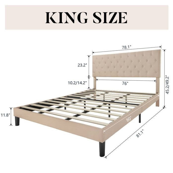 Cama King Size tapizada en lino beige con cabecero capitoné
