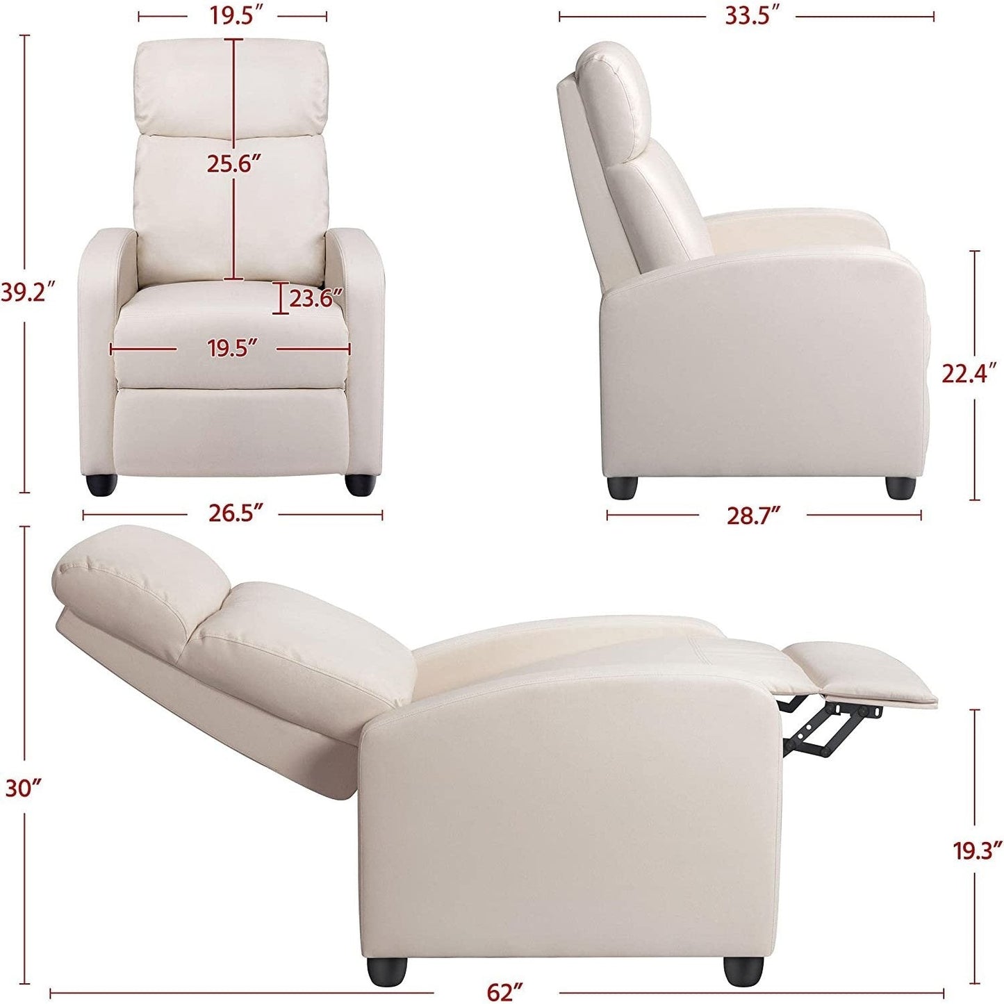 Sillón reclinable push-back de piel sintética de alta densidad color blanco roto