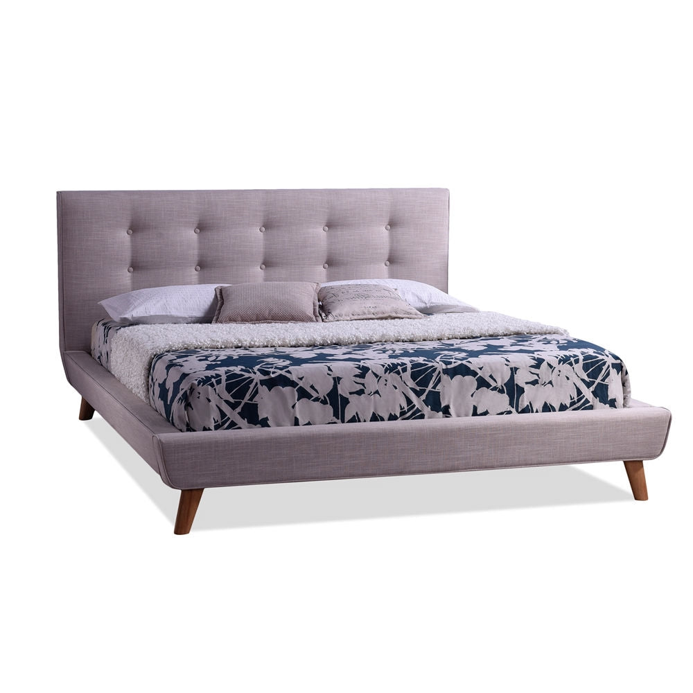 Cama de plataforma tapizada en lino beige tamaño matrimonial con cabecero capitoné