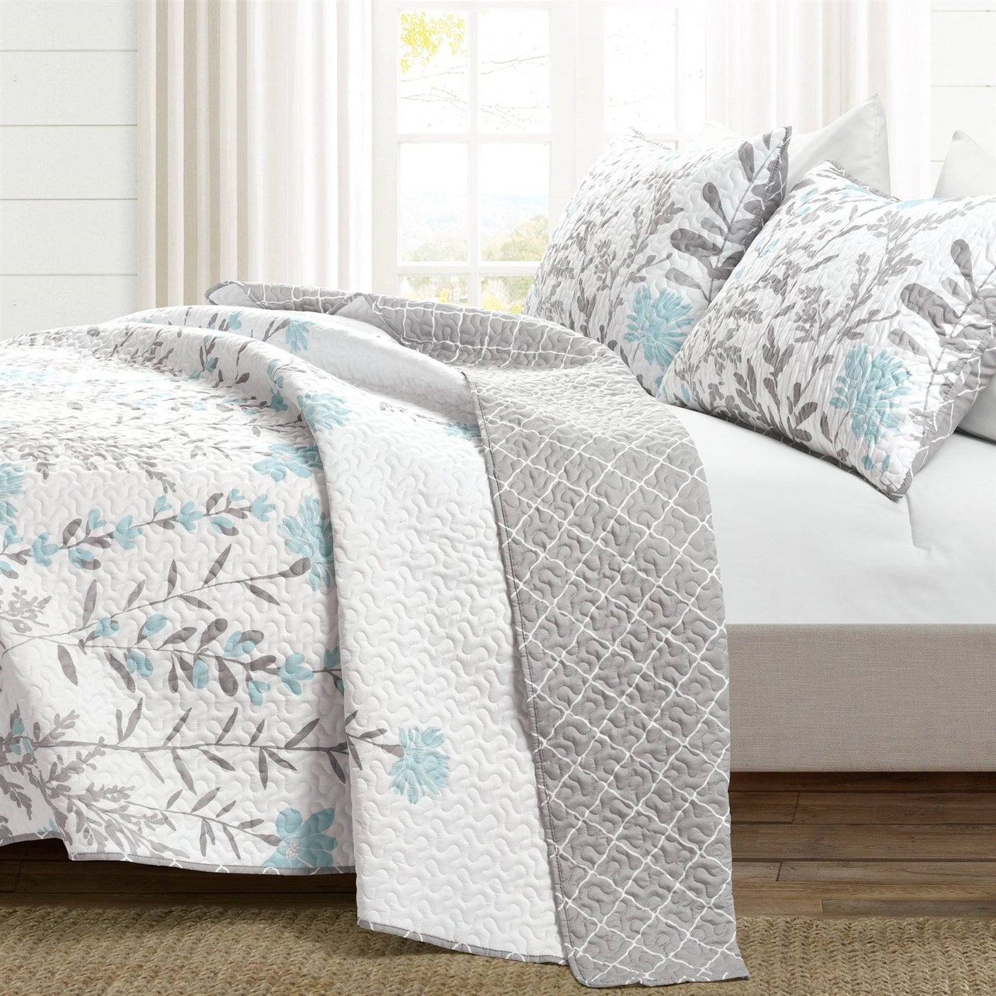 Juego de colcha de 3 piezas de tela fina de poliéster ligera con estampado floral en gris azulado para cama matrimonial/queen