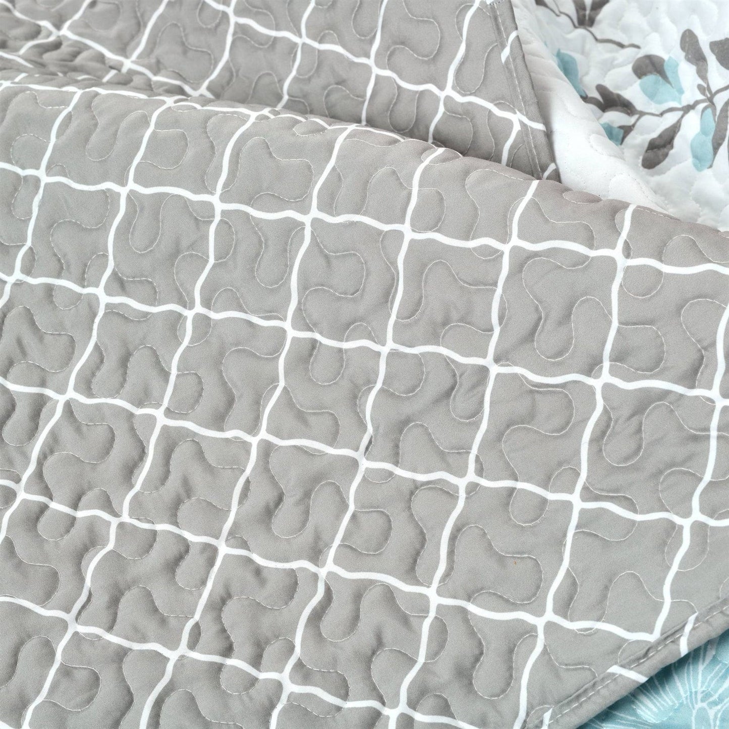 Juego de colcha de 3 piezas de tela fina de poliéster ligera con estampado floral en gris azulado para cama matrimonial/queen