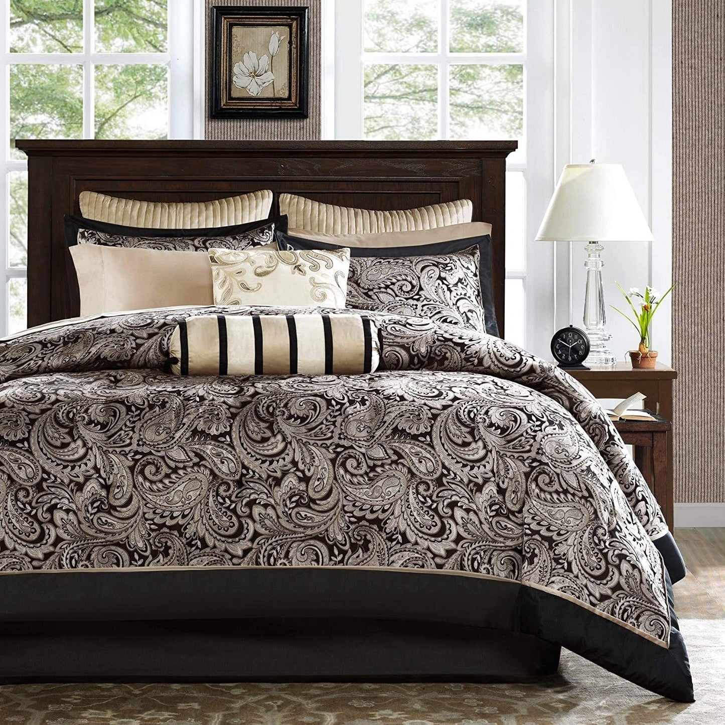 Juego de edredón King de 12 piezas de algodón y poliéster con estampado paisley en negro y dorado
