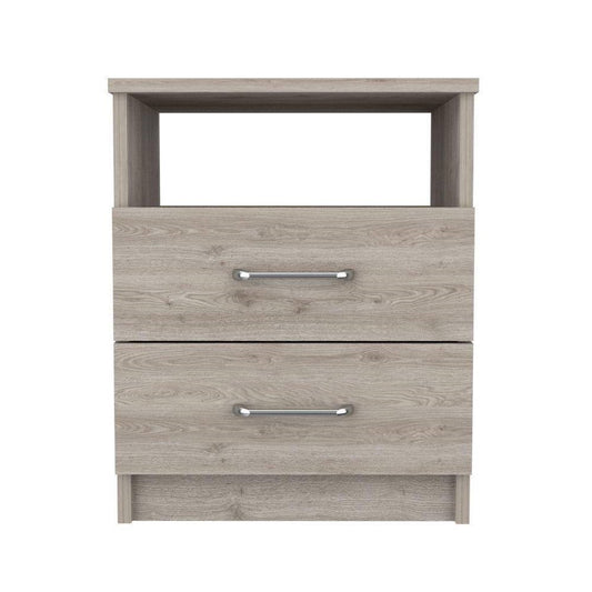 Mesita de noche moderna de 2 cajones con estante abierto en acabado de madera beige