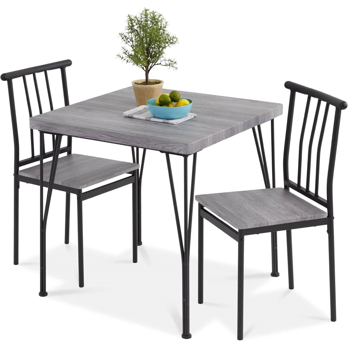Juego de comedor moderno de 3 piezas con estructura de metal, mesa con superficie de madera gris y 2 sillas