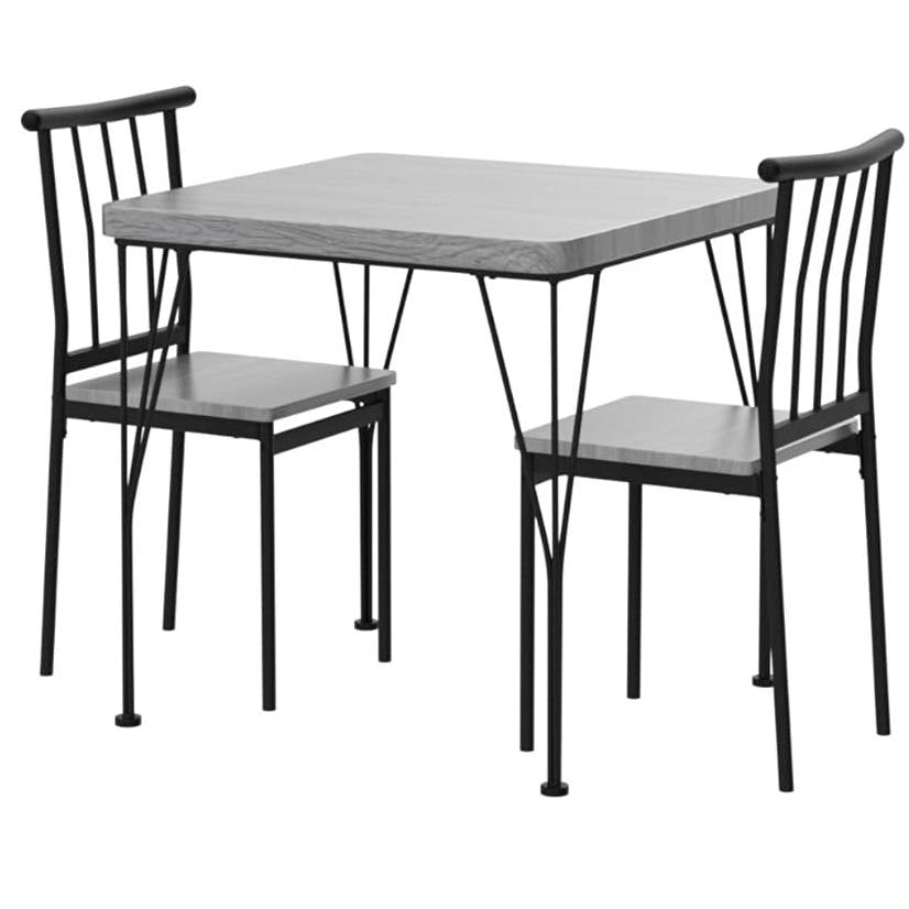 Juego de comedor moderno de 3 piezas con estructura de metal, mesa con superficie de madera gris y 2 sillas