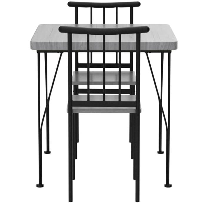Juego de comedor moderno de 3 piezas con estructura de metal, mesa con superficie de madera gris y 2 sillas