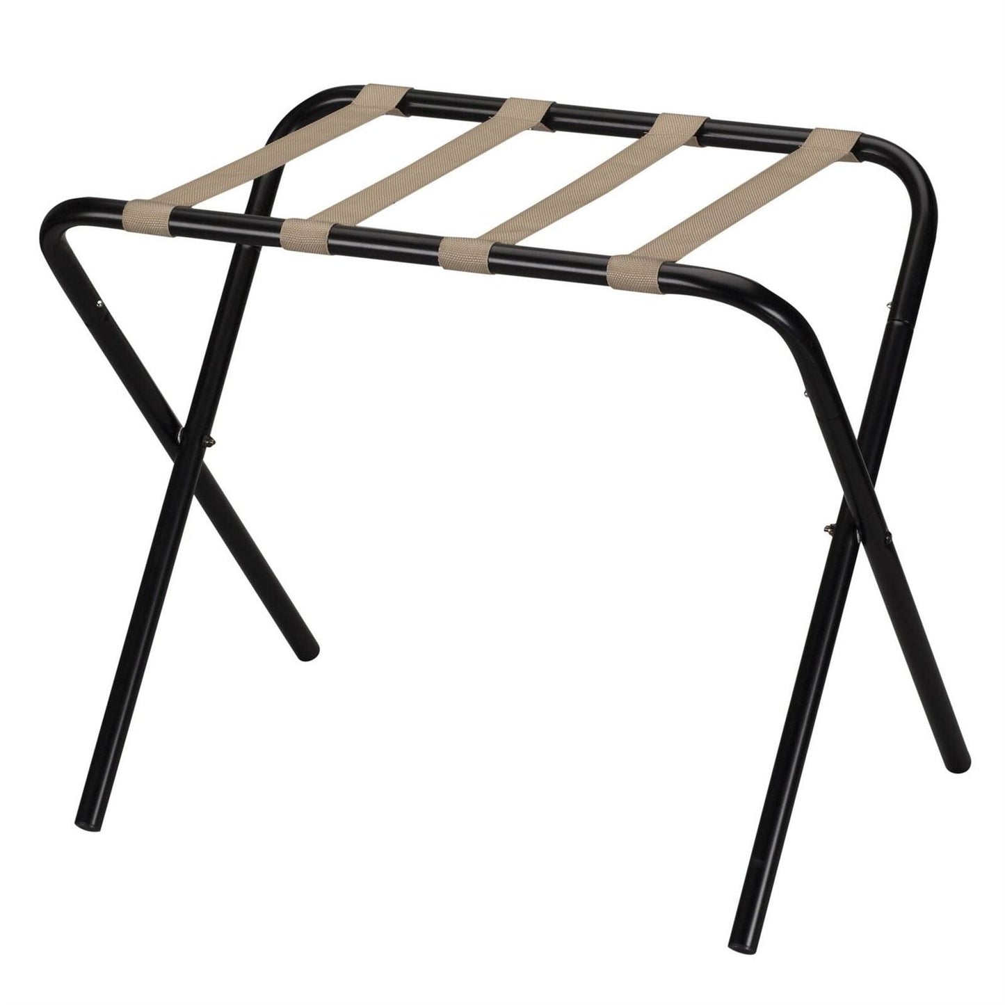 Rejilla plegable de metal negro para equipaje con correas de tela caqui