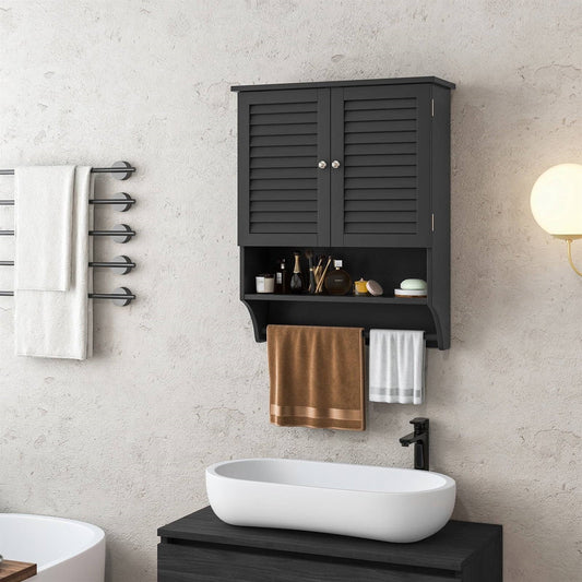 Botiquín de baño negro para montar en la pared con puertas de persiana y toallero