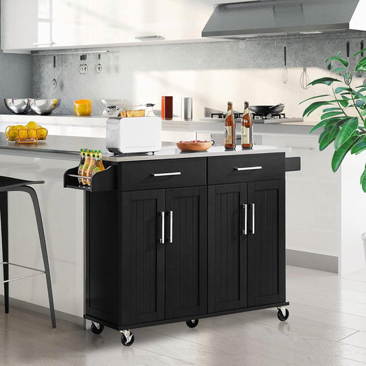 Isla de cocina negra con encimera de acero inoxidable, 2 cajones y armario