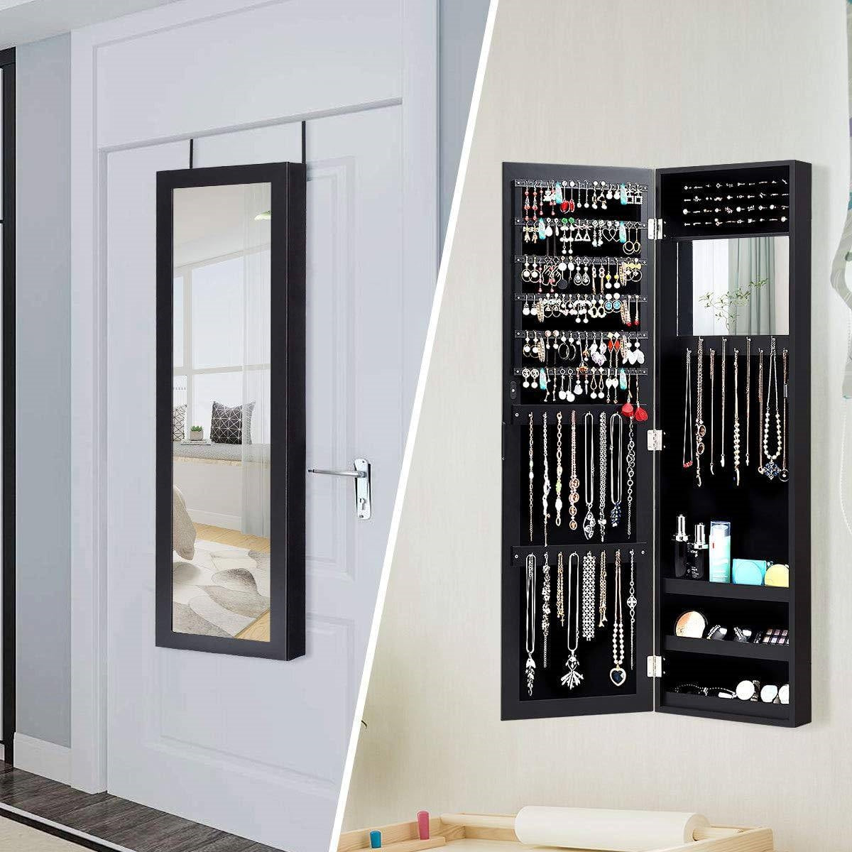 Espejo de cuerpo entero 2 en 1 organizador de joyas para montar en pared o puerta - Negro