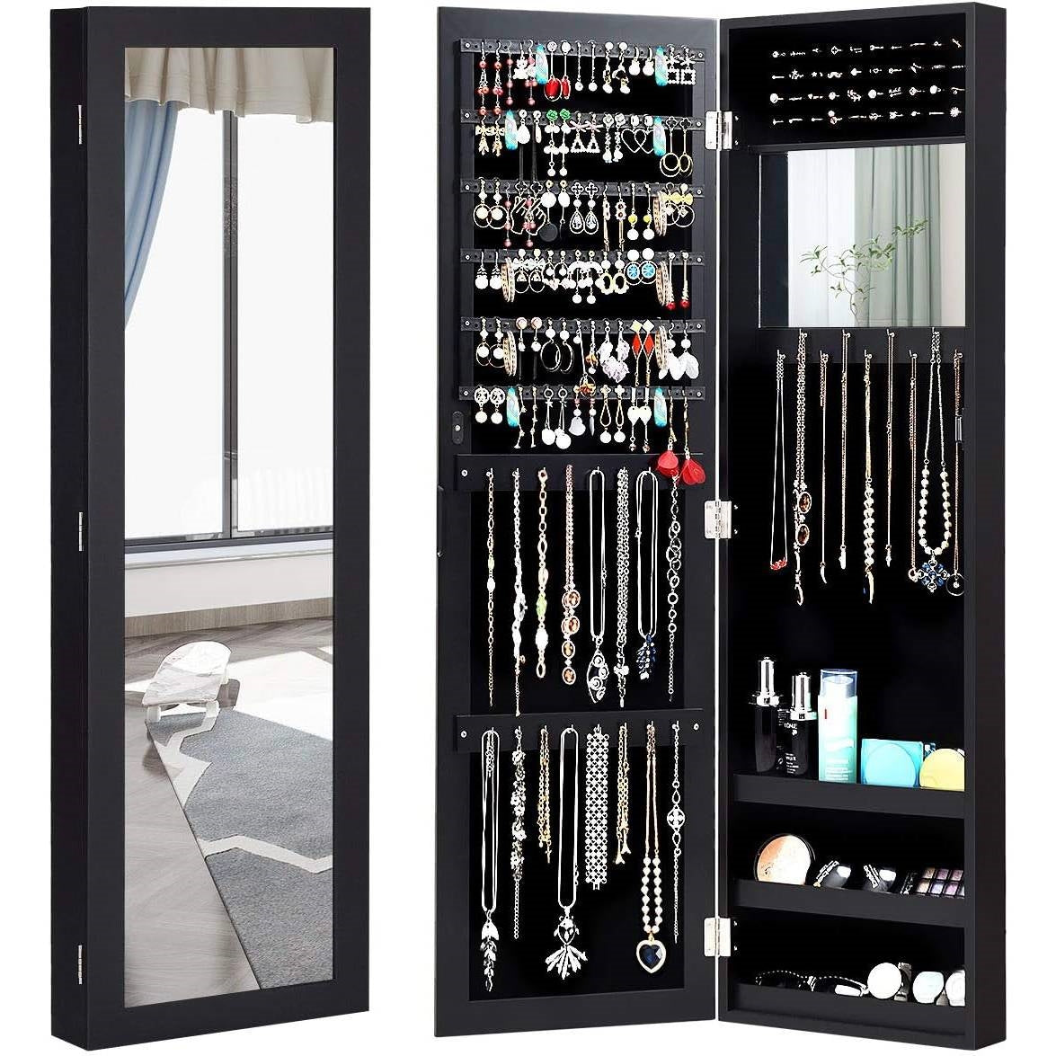 Espejo de cuerpo entero 2 en 1 organizador de joyas para montar en pared o puerta - Negro
