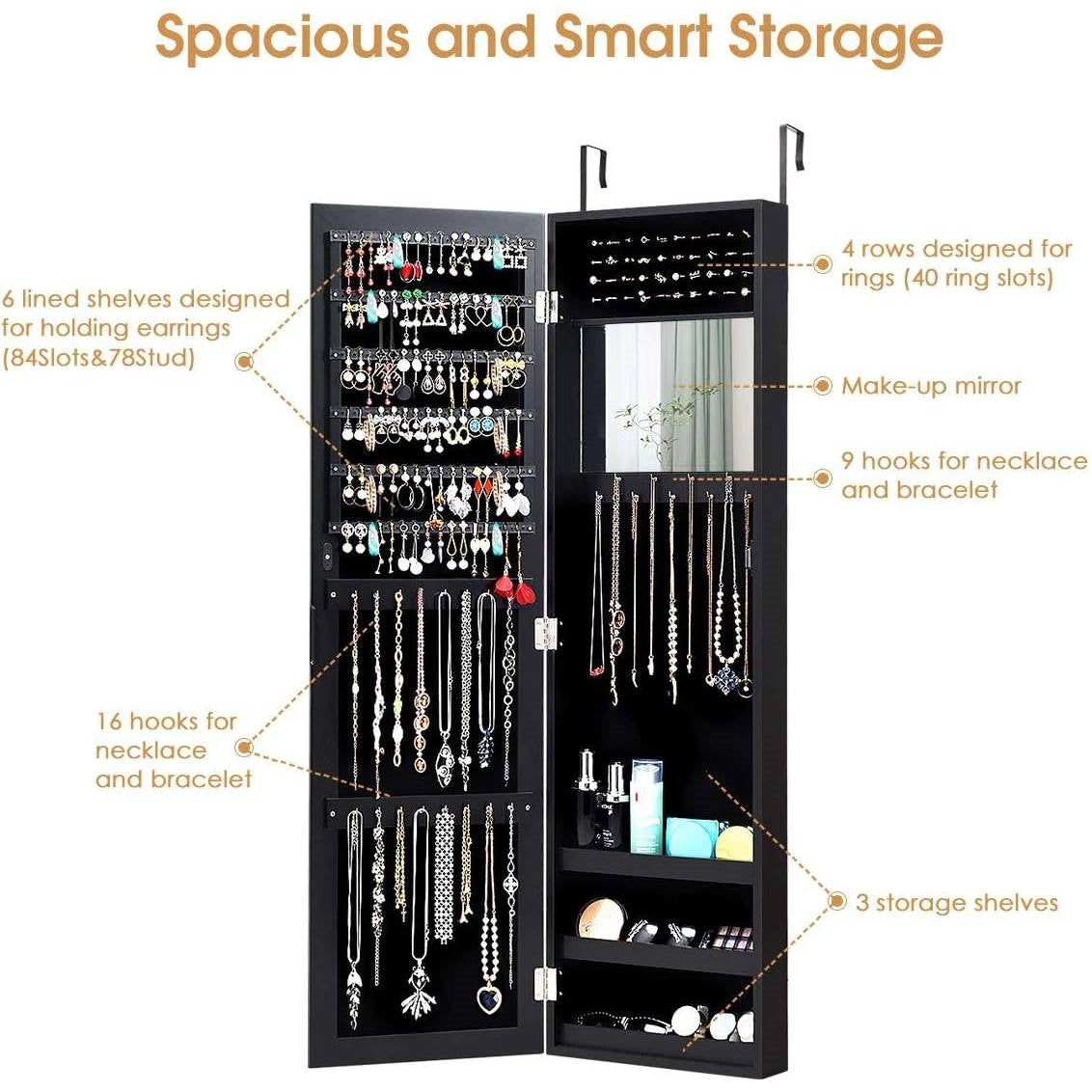 Espejo de cuerpo entero 2 en 1 organizador de joyas para montar en pared o puerta - Negro