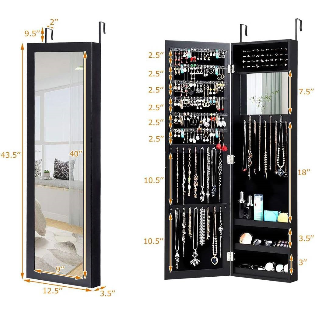 Espejo de cuerpo entero 2 en 1 organizador de joyas para montar en pared o puerta - Negro