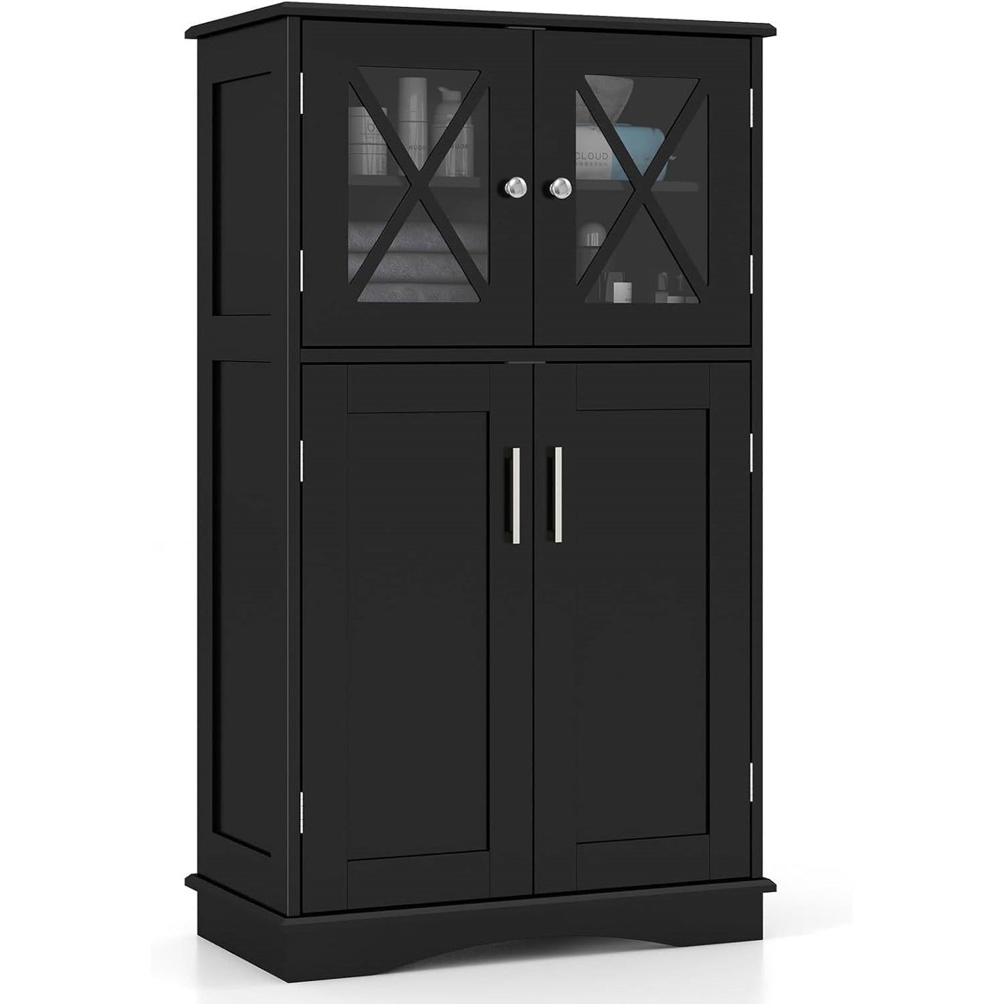 Gabinete de lino para toallas de baño negro con puertas de vidrio y estantes de almacenamiento