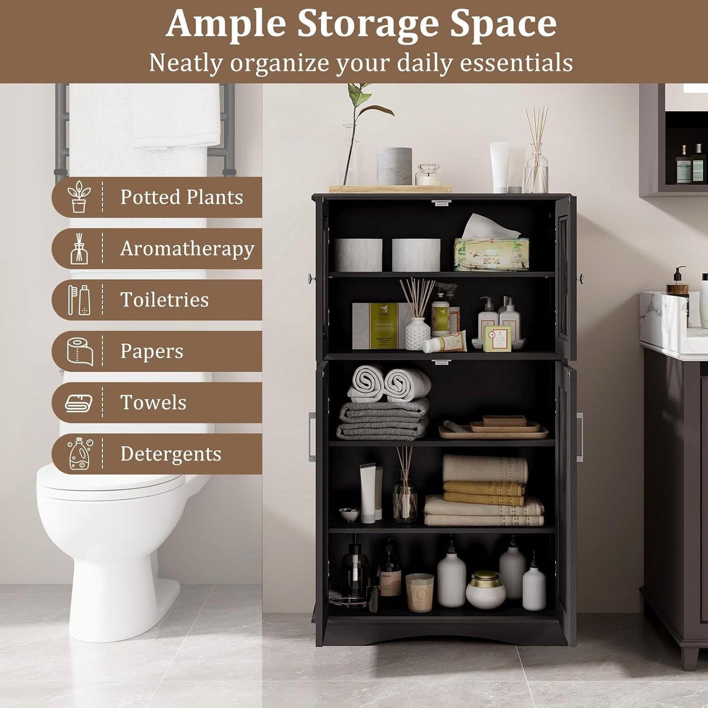 Gabinete de lino para toallas de baño negro con puertas de vidrio y estantes de almacenamiento