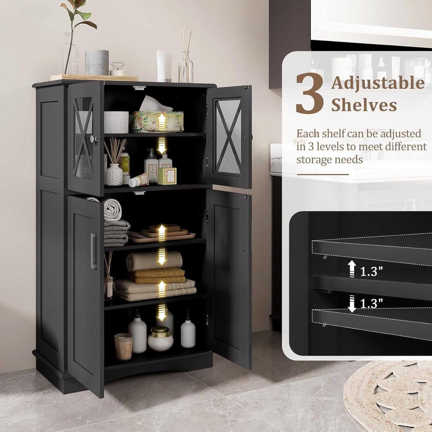 Gabinete de lino para toallas de baño negro con puertas de vidrio y estantes de almacenamiento