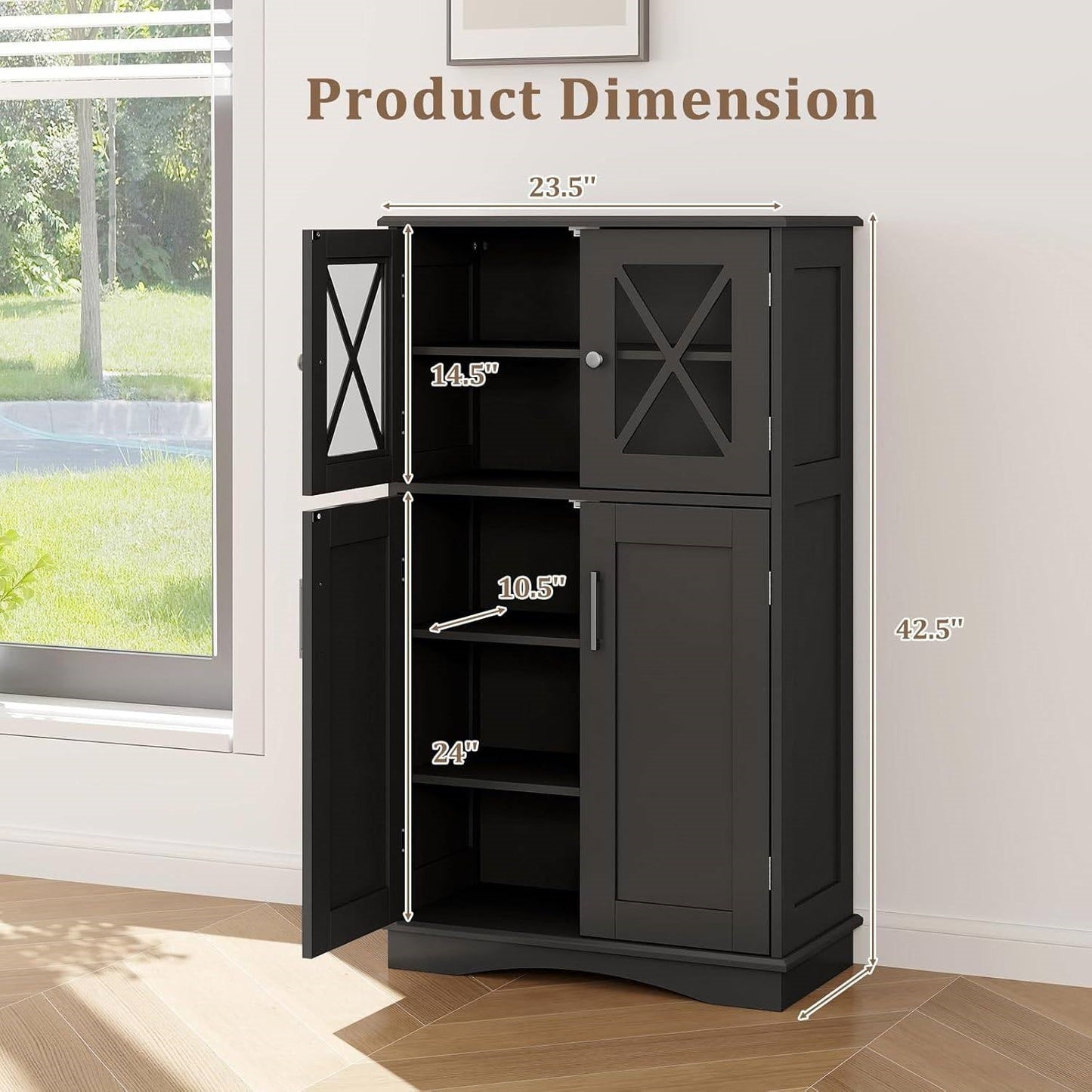 Gabinete de lino para toallas de baño negro con puertas de vidrio y estantes de almacenamiento