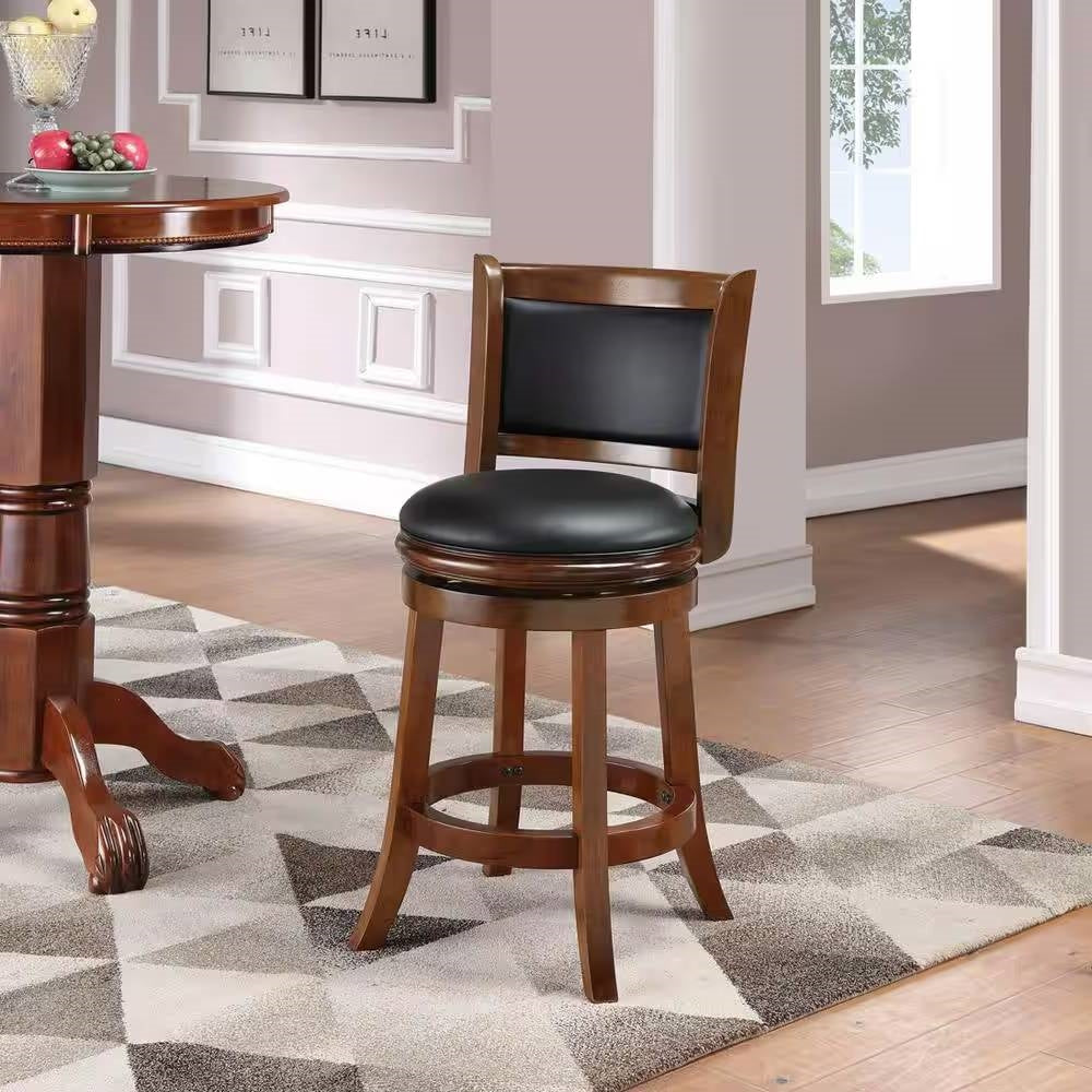 Taburete alto de cocina con acabado en madera de cerezo y asiento giratorio acolchado negro