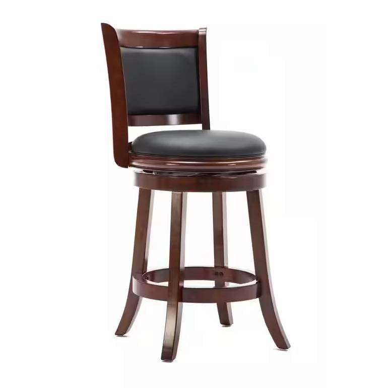 Taburete alto de cocina con acabado en madera de cerezo y asiento giratorio acolchado negro