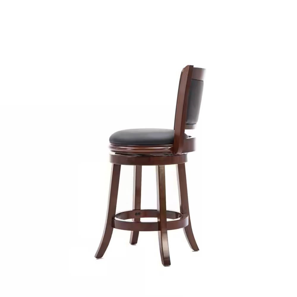 Taburete alto de cocina con acabado en madera de cerezo y asiento giratorio acolchado negro
