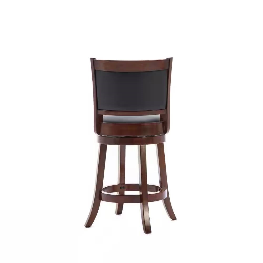 Taburete alto de cocina con acabado en madera de cerezo y asiento giratorio acolchado negro