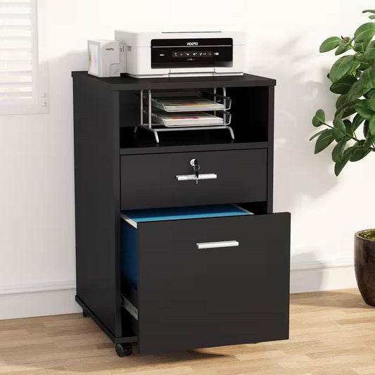 Mueble Archivador Móvil Negro de 2 Cajones con Ruedas y Soporte para Impresora