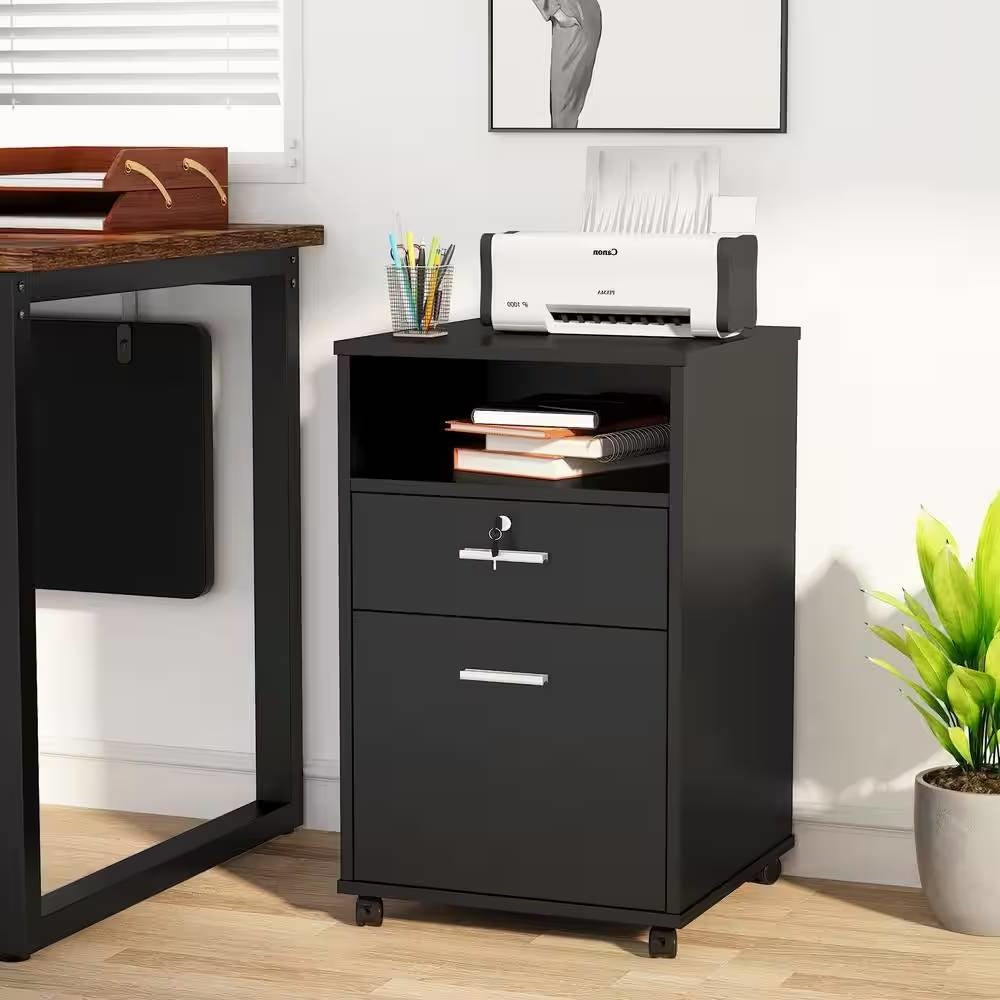 Mueble Archivador Móvil Negro de 2 Cajones con Ruedas y Soporte para Impresora