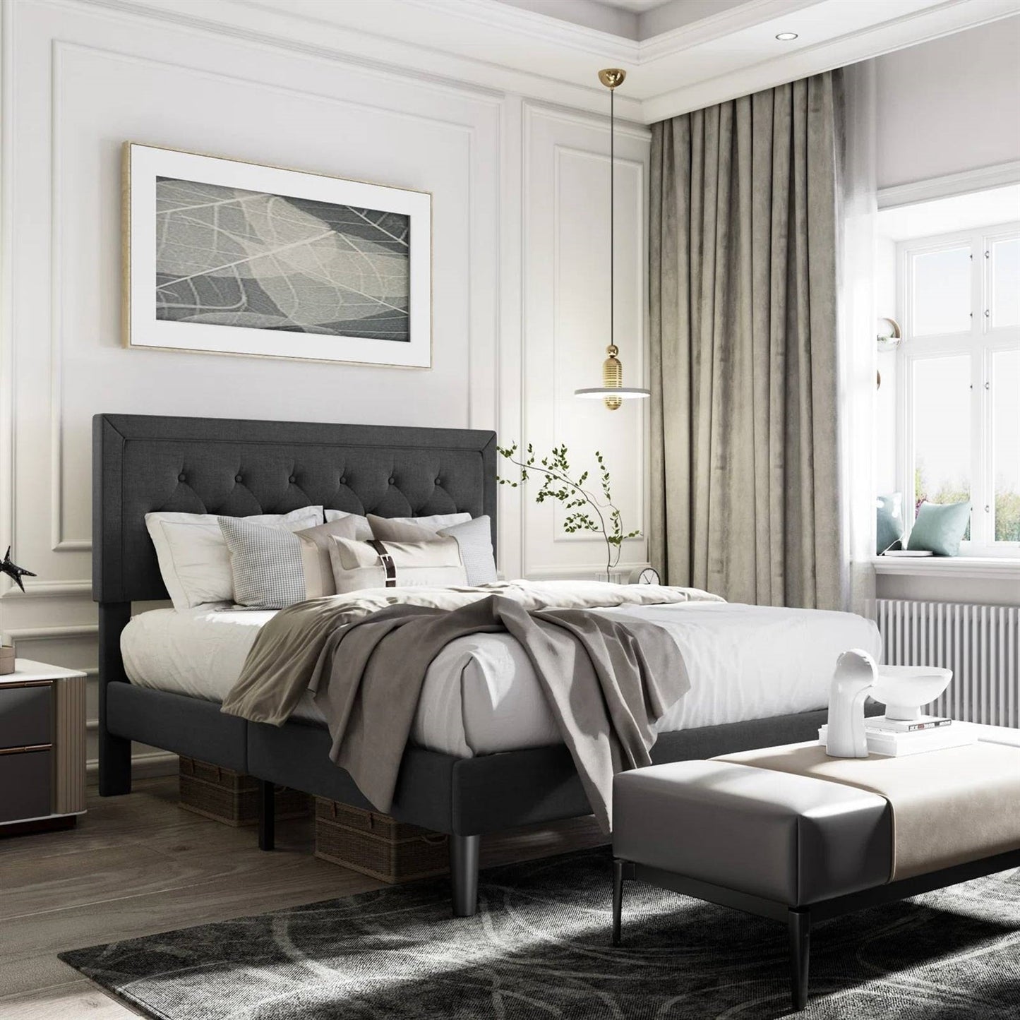 Full size Black Linen Upholstered Platform Bed with Button-Tufted Headboard