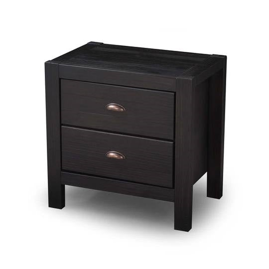 Mesa de Noche/Mesita de Noche de Madera de Pino Maciza de Estilo Rústico con 2 Cajones en Color Negro