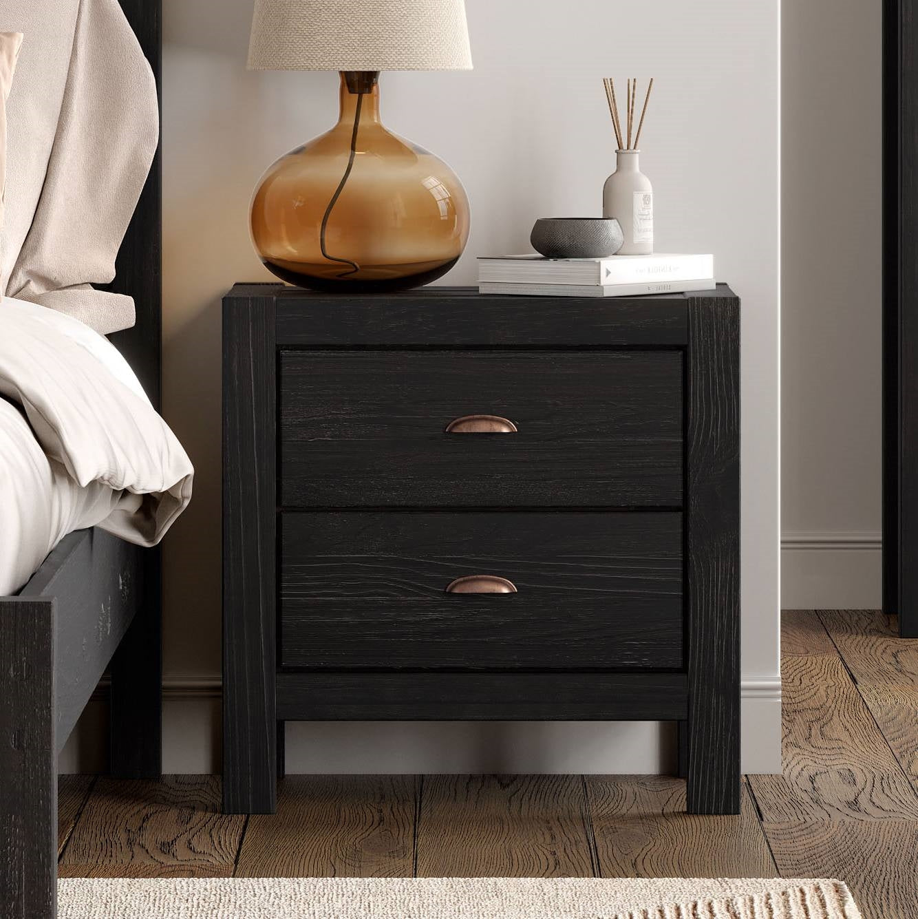 Mesa de Noche/Mesita de Noche de Madera de Pino Maciza de Estilo Rústico con 2 Cajones en Color Negro