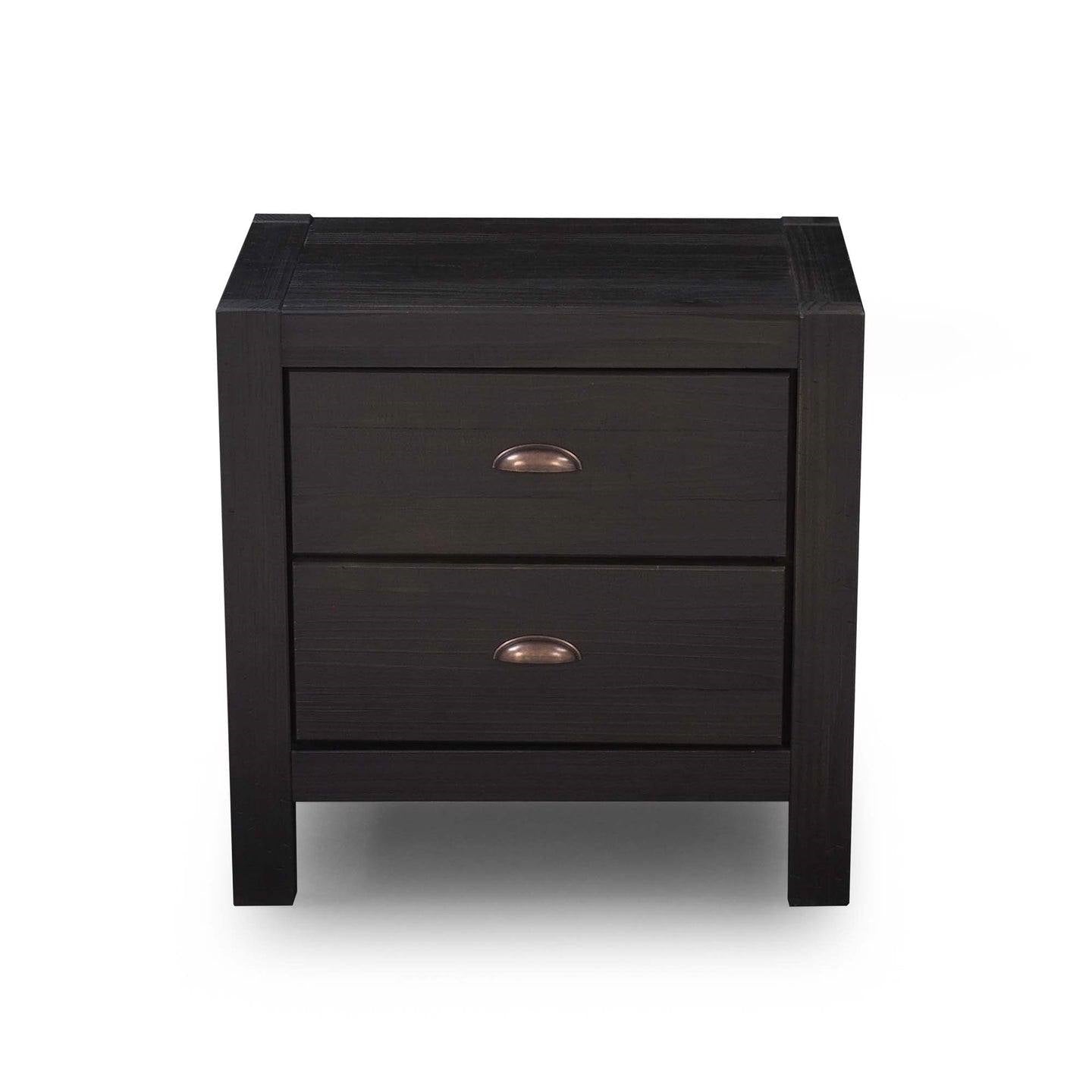 Mesa de Noche/Mesita de Noche de Madera de Pino Maciza de Estilo Rústico con 2 Cajones en Color Negro