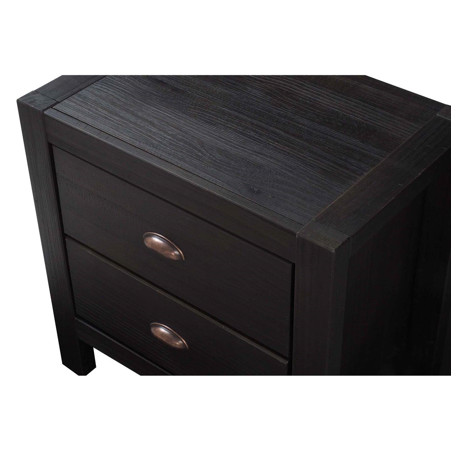 Mesa de Noche/Mesita de Noche de Madera de Pino Maciza de Estilo Rústico con 2 Cajones en Color Negro