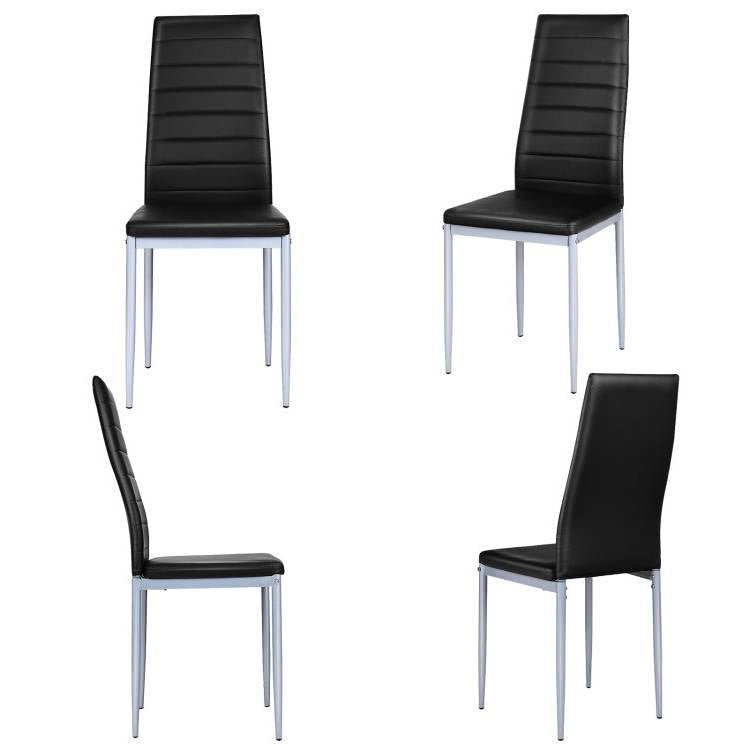 Juego de 4 sillas de comedor modernas de piel sintética negra de respaldo alto con patas de metal