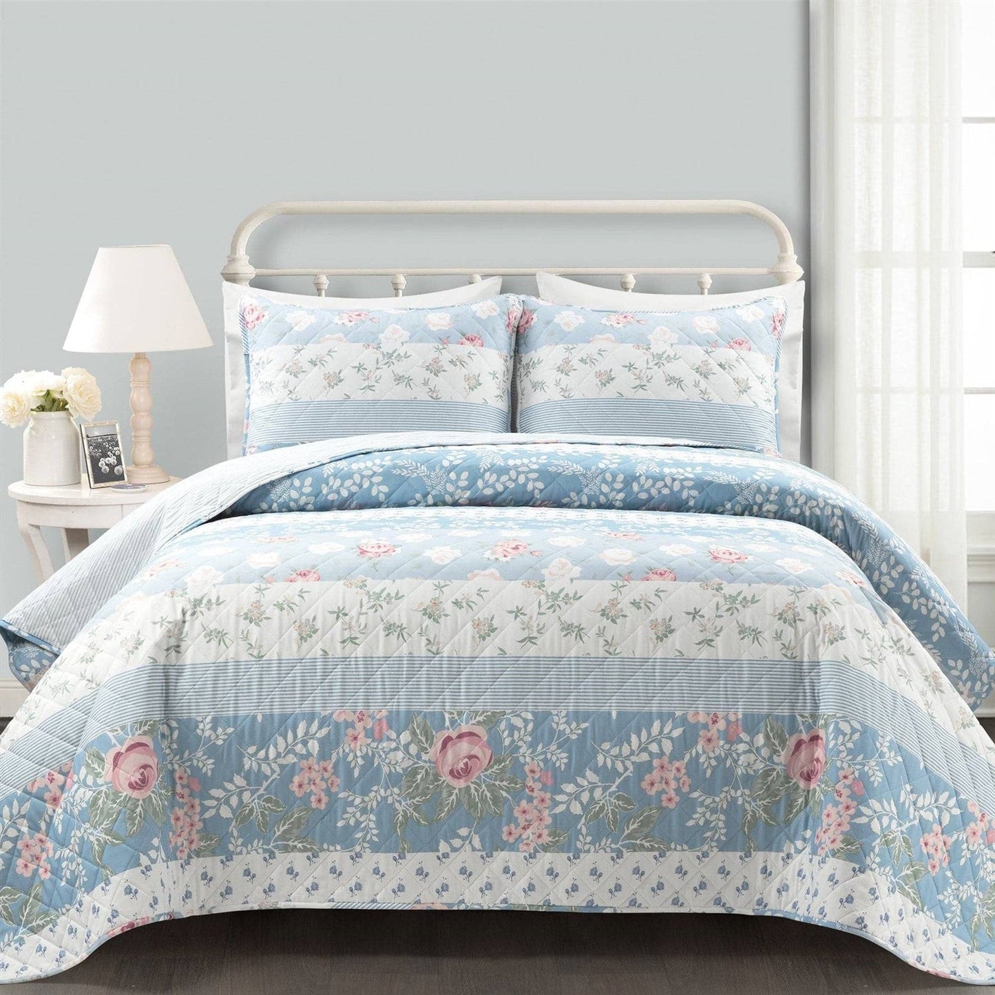 Juego de edredón liviano de 3 piezas tamaño Full/Queen, floral, azul, rosa, blanco y beige, estilo rústico