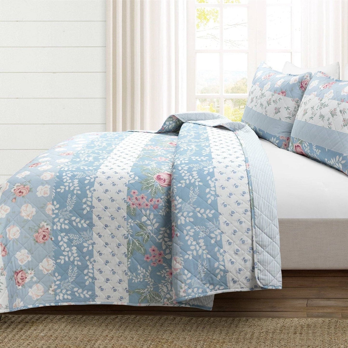 Juego de edredón liviano de 3 piezas tamaño Full/Queen, floral, azul, rosa, blanco y beige, estilo rústico