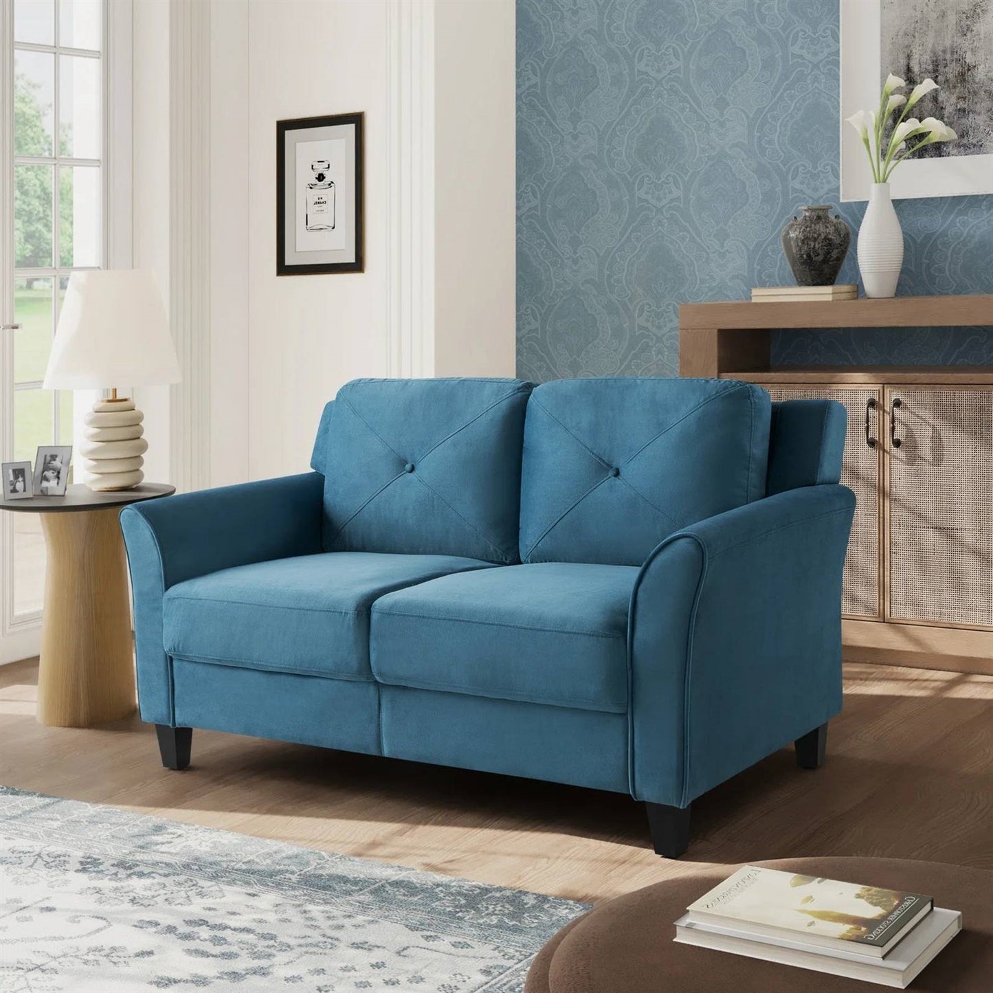Sofá Loveseat Tapizado Moderno en Microfibra Azul con Cojines con Botones Acolchados