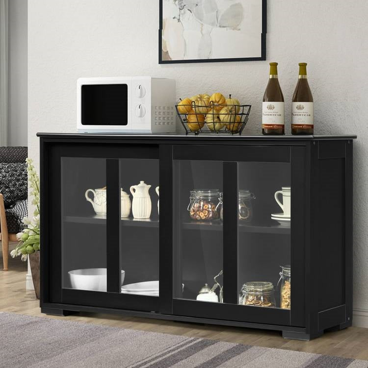 Mueble Aparador de Cocina de Madera Negra con Puerta Corredera de Cristal