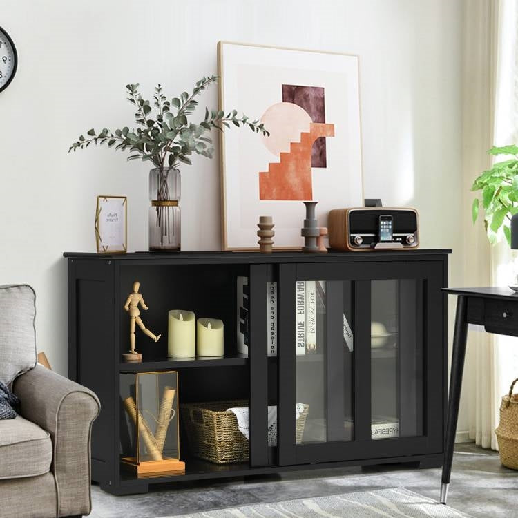 Mueble Aparador de Cocina de Madera Negra con Puerta Corredera de Cristal