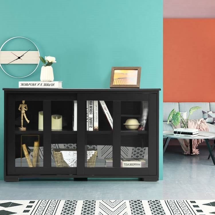Mueble Aparador de Cocina de Madera Negra con Puerta Corredera de Cristal