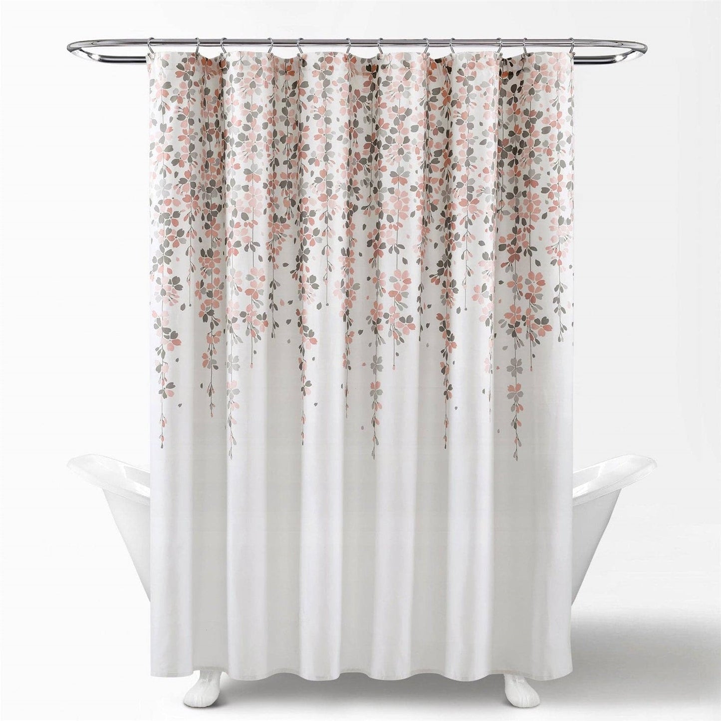 Cortina de Ducha con Flores, Ramas, Color Gris, Rosa Melocotón, Beige Crudo de 72 Pulgadas