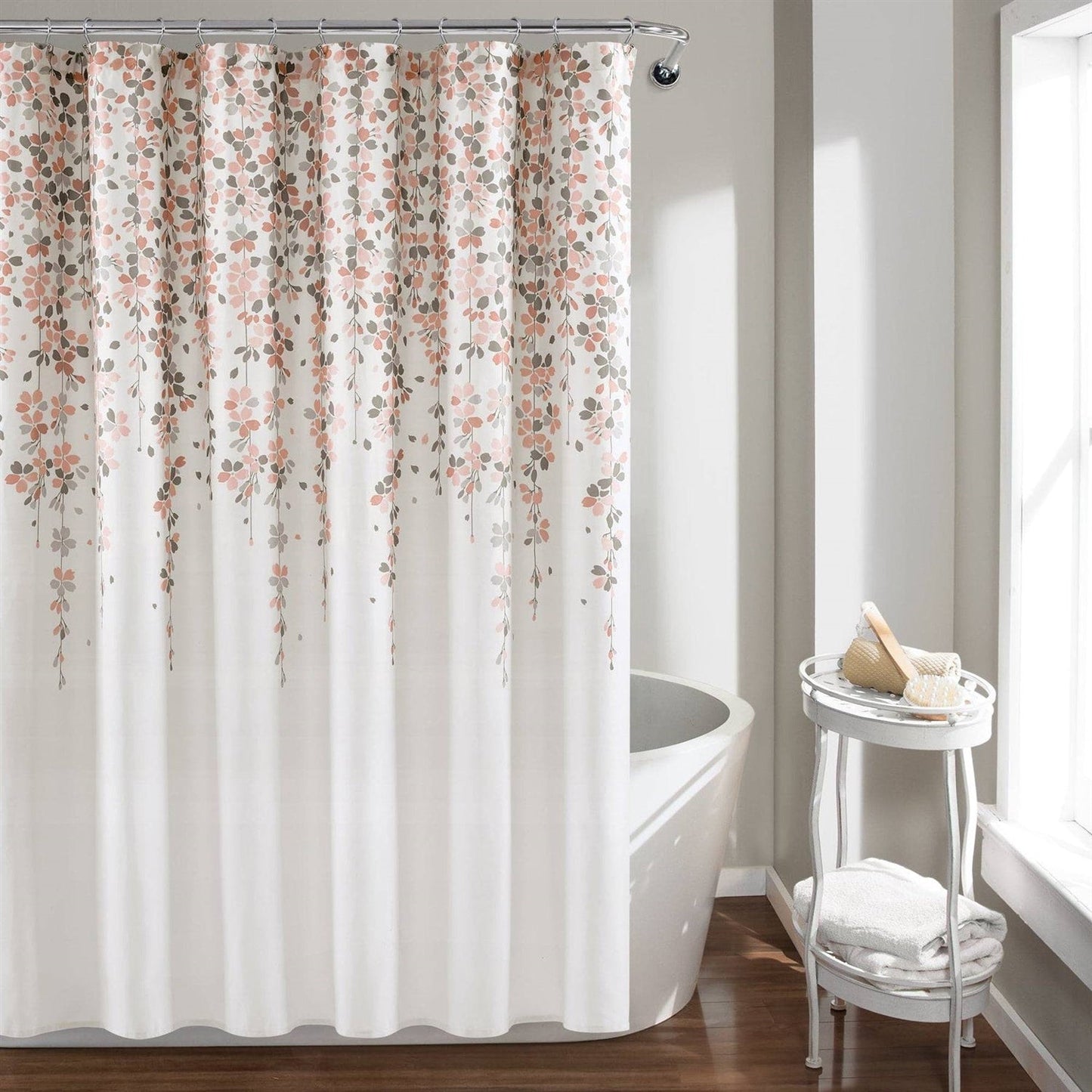 Cortina de Ducha con Flores, Ramas, Color Gris, Rosa Melocotón, Beige Crudo de 72 Pulgadas