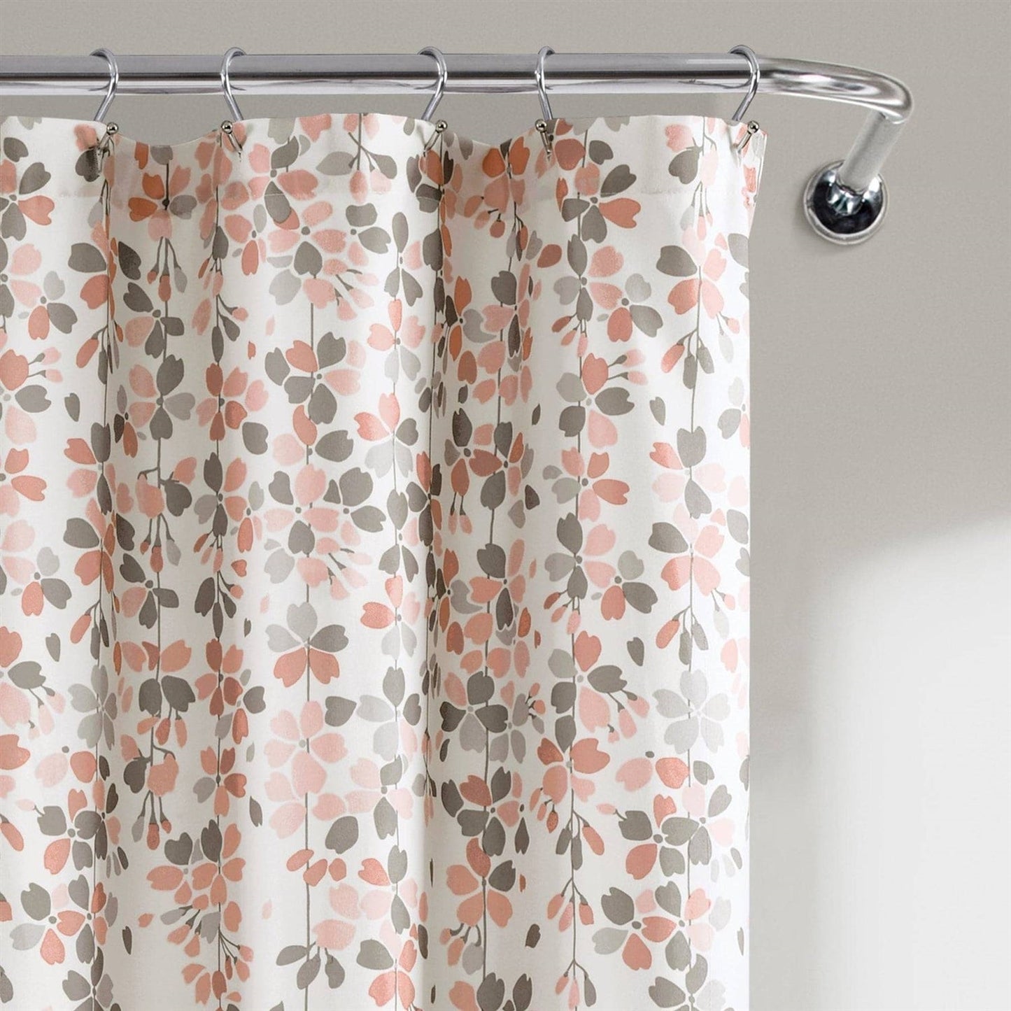 Cortina de Ducha con Flores, Ramas, Color Gris, Rosa Melocotón, Beige Crudo de 72 Pulgadas