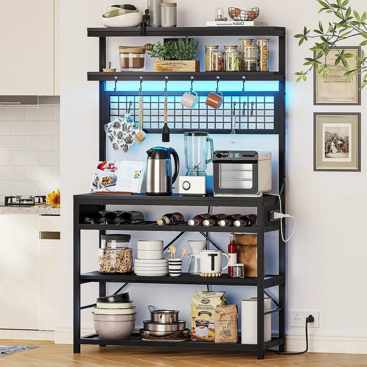 Estantería panadera de cocina industrial moderna negra con luces LED multicolores
