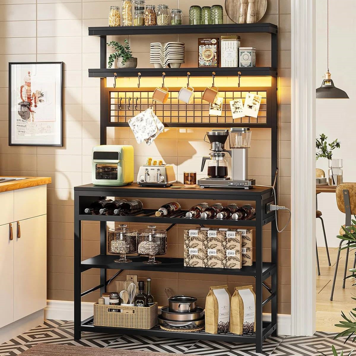 Estantería panadera de cocina industrial moderna negra con luces LED multicolores
